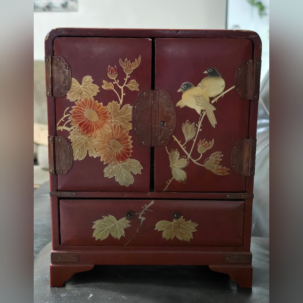 Vintage Japanese Wooden Table Cabinet Handpainted Floral & Bird Design Kodansu